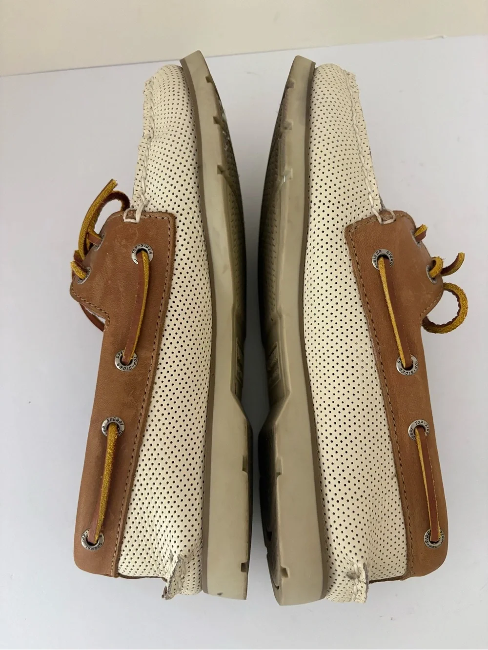 Sperry Two-Tone Boat shoes. Perforated cream and tan leather. 2 Eye. Size 8.5M